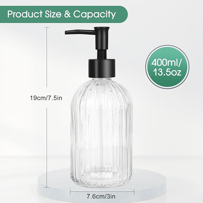 Topsky 2 Pack Glass Soap Dispenser with Black Plastic Pump, 400ml Liquid Hand Soap Dispenser, Rustproof Pump for Kitchen & Bathroom, Great for Lotions, Essential Oil, Liquid Soaps-Clear & Green