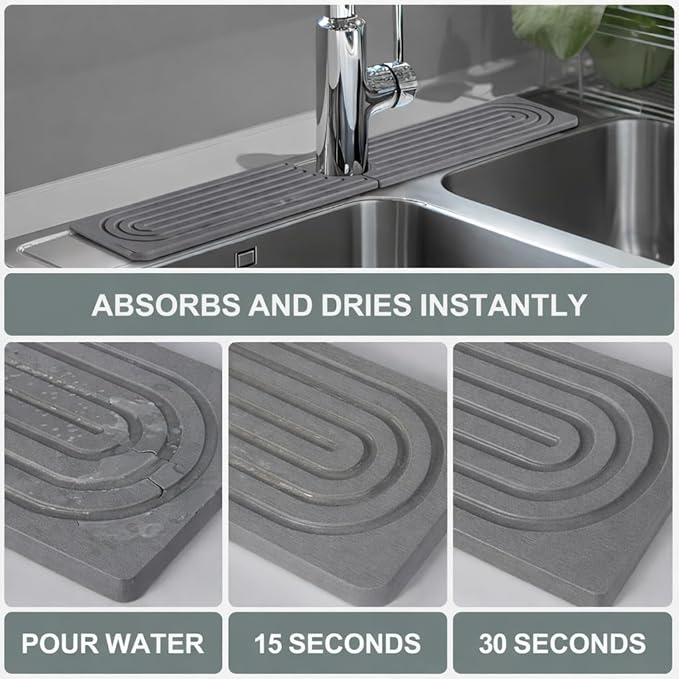 Meiliweser Stone Faucet Mat for Kitchen Sink, Quick Dry Diatomite Sink Splash Guard, Upgraded U-shaped Drying Sink Protectors, Non-Slip Stone Tray for Bathroom Counter (23.6" x 4", Dark Gray)