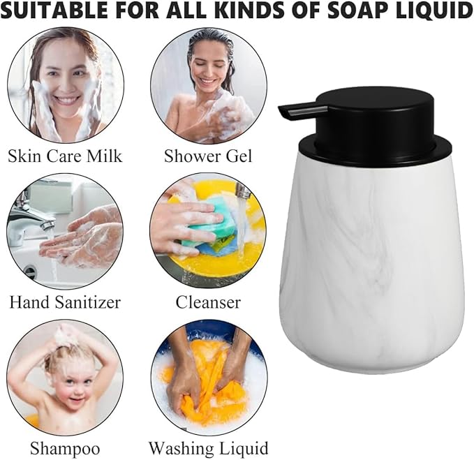 12Oz Foaming Hand Soap Dispenser - Ceramic Bathroom Foam Soap Dispenser with Easy-to-Press Black Pump, Refillable Lotion Hand Dispenser, Dish Soap Dispensers for Kitchen, Marble White