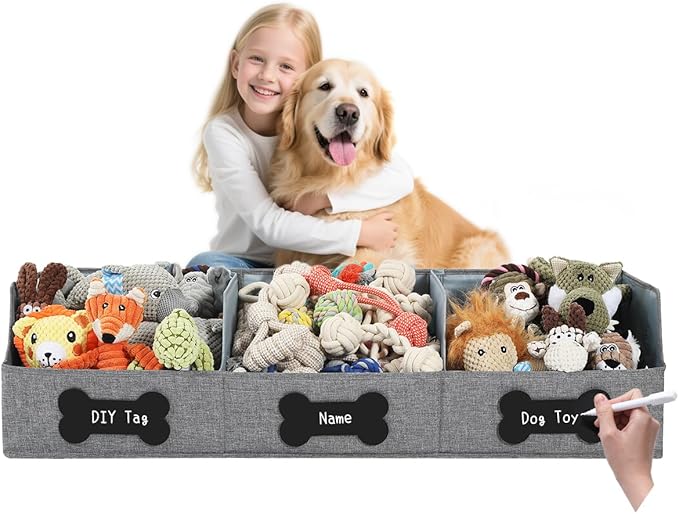 Qozary Large Dog Toy Basket with Diy Tag - Collapsible Dog Toy Bin, Fabric Personalized Pet Toy Box, Trapezoid Storage and Organizer for Pet Supplies