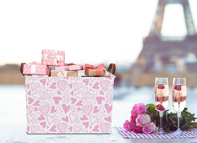 Rectangular Pink Basket Empty, Fabric Storage Basket with Handles, Books Box,Lovely Storage Bin,Room Decor,Gift Basket for Girls(Pink Heart)