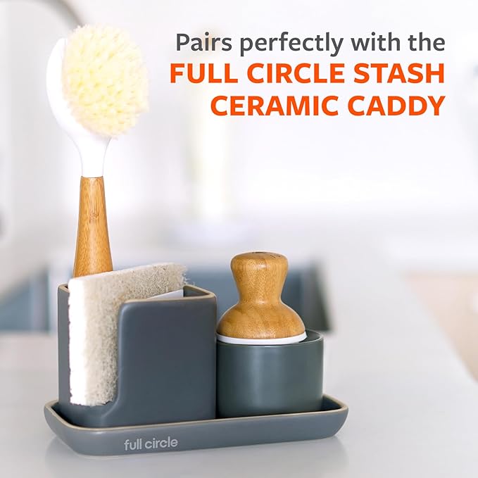 Full Circle Bubble Up- Eco-Friendly Bamboo Dish Brush & Ceramic Soap Dispenser - Natural Scrub Set for Dishes, Cast Iron - Kitchen Cleaning with Handle, Gray - 2 Pack