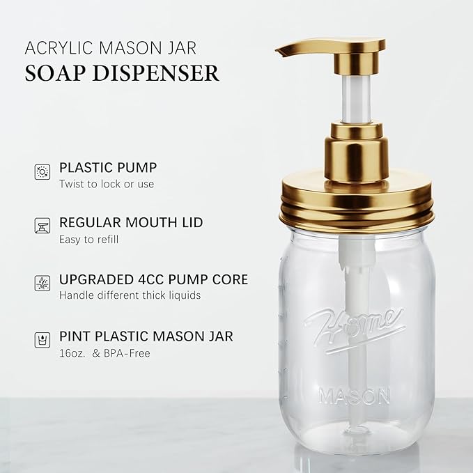 Amolliar Plastic Mason Jar Soap Dispenser with Pump Lid,16OZ Refillable BPA-Free Hand Soap Dispenser Set with Cute Lables - for Kitchen/Bathroom, Liquid Soap, Dish Soap, Lotion (2 Pack, Gold)