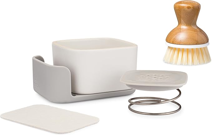 Full Circle Bubble Up Combo – Family Safe, Formaldehyde-Free – Gray Ceramic Soap Dish with Plant-Based Sponge & Bamboo Dish Brush – Versatile Kitchen Scrub Brush Set for Pots, Pans, Counter & Ovens