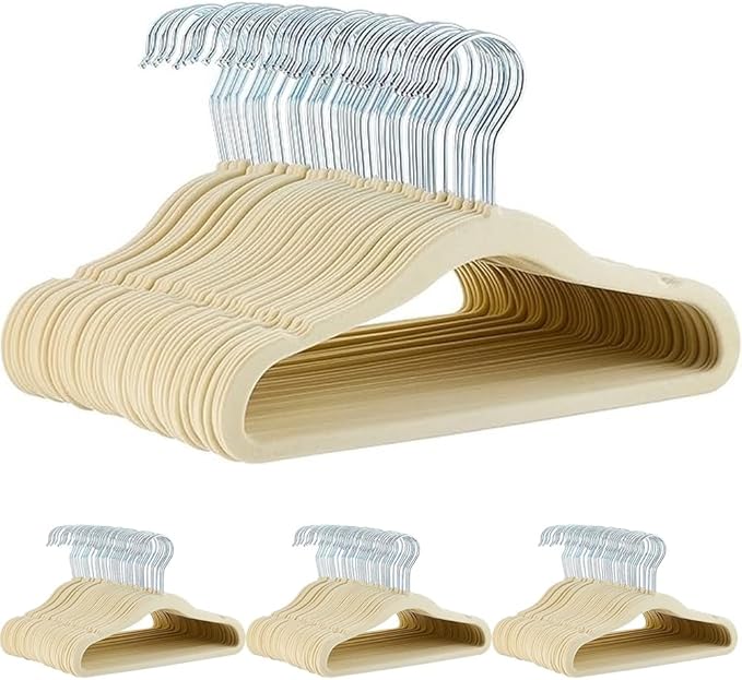 Amazon Basics Kids Velvet, Space Saving, Non-Slip Clothes Hangers for Infant and Toddler, Durable, 11.6 inches (for Baby Clothes), Pack of 200, Beige