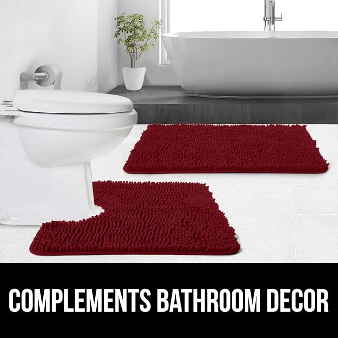 GORILLA GRIP Plush Absorbent Shaggy Chenille Bath Rug Mat for Square Toilet Base with Rubber Backing, Machine Washable Rugs, Soft Microfiber Contour Mats for Toilets, Bathroom Decor, Burgundy