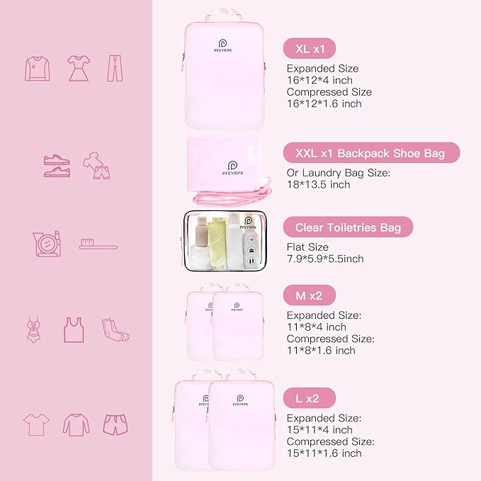 Lightweight Compression Packing Cubes for Suitcases, Compressible Expandable Travel Packing Organizer with Clear Toiletries and Backpack Bag, Travel Essentials for Carry on Luggage 7 Set
