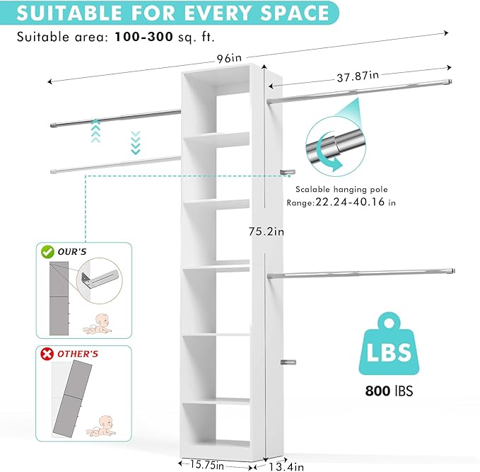 Walk in Closet Organizer System - Built-in Garment Rack with 6 Shelves and 3 Extendable Hanging Rods, Wall Mounted Clothes Organizers Storage Systems for Bedroom