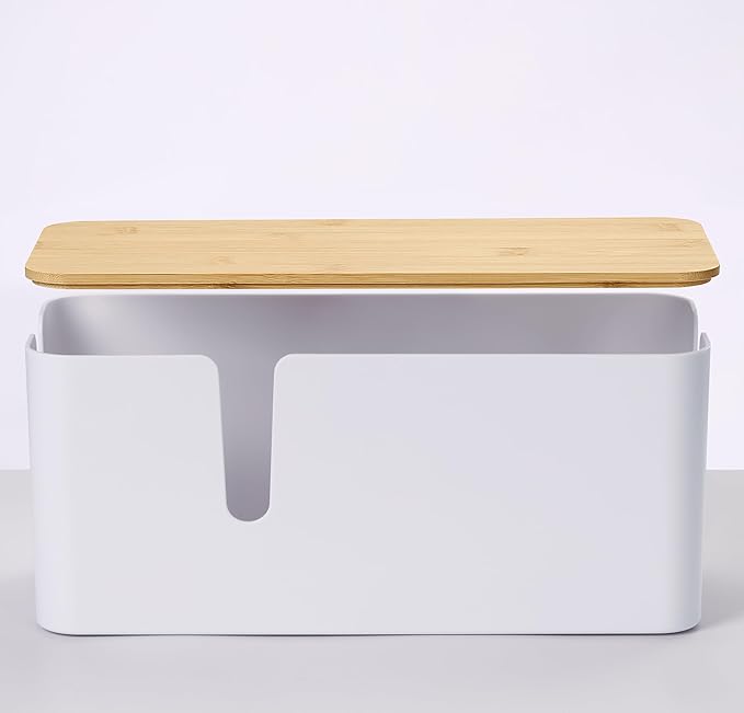 ZhiYo Bamboo Lid Cord Organizer Box, 2Pack Large Cable Management Box, Safe ABS Wire Organizer for TV and Computer, Wood Cover Cord Hider to Hide Wires, USB Hub & Under Desk Power Strip, White