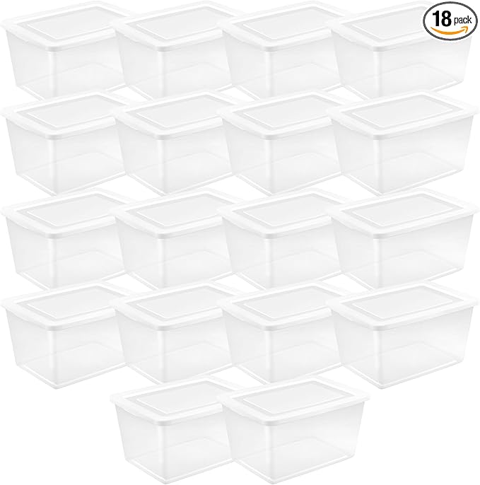 Sterilite 18 Pack Storage Boxes, Clear Plastic Stackable Containers, Lightweight Home Organizers with Snap Lids, 58 Quart, White