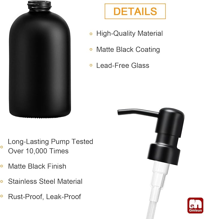 GMISUN Black Soap Dispenser, Dish/Hand Soap Dispenser with Matte Black Stainless Steel Pump, 15 fl oz/450ml Glass Soap Dispensers Set for Kitchen/Bathroom, Modern Refillable Liquid Lotion Dispenser
