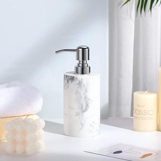 Luxspire Soap Dispenser, Cylinder-Shaped Marble Lotion Liquid Soap Pump Bottles, Refillable Shampoo Container, Decorative Hand Soap Resin Jar for Bathroom, Kitchen - White Marble