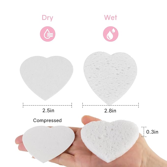 50-Count Heart Shape Compressed Facial Sponges,100% Natural Cellulose Face Sponge Spa Sponges for Removing Dead Skin, Dirt and Makeup(White)