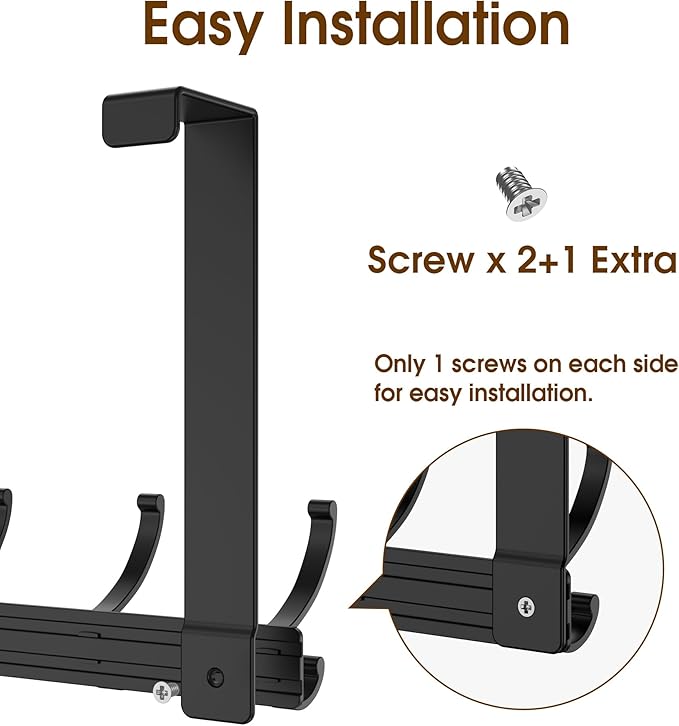 CHAUNCEY HOME Over The Door Hooks Hanger with Extended Arms, Fit 1 3/8" Door, Tool-Free Assembly, F7U, Towel Rack Organizer Holder - Black