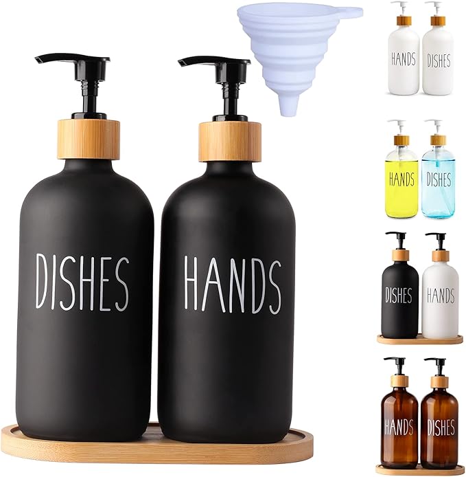 2 Pack Black Glass Soap Dispenser Set with Tray, Hand and Dish Glass Soap Dispensers for Kitchen Sink, Matte Black Soap Dispenser Suitable for Kitchen Sink, Rustic Kitchen Décor