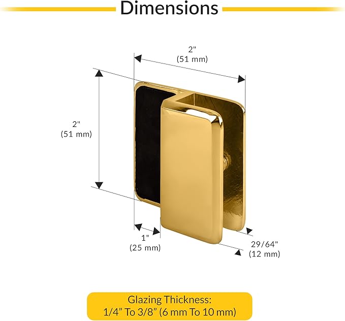 Brixwell BDS1BR Beveled Style Frameless Shower Door Stop 1/4" to 3/8" (6mm to 10mm) Glazing Thickness Polished Brass Finish