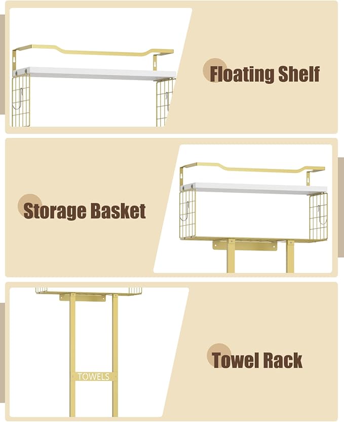Towel Racks for Bathroom - Wall Mounted Metal Rack with Wood Plank, Bathroom Storage Organizer, Towel Holder Stores 6 Large Rolled Towels Easily, Gold and Size XL 31"