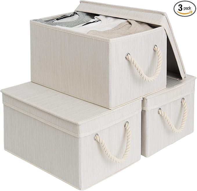 StorageWorks Storage Bins with Lids, Decorative Storage Boxes with Soft Rope Handles, Foldable Stackable Storage Baskets for Closet, Shelves, 3-Pack, Ivory and White, Large