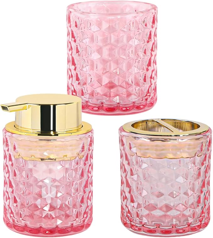 Bathroom Accessories Set, 3pcs Pink Glass Bathroom Accessory Set,Toothbrush Holder, Foaming Soap Dispenser and Tumbler, Gold Bathroom Decor Sets for Organizer, Home Apartment Gift