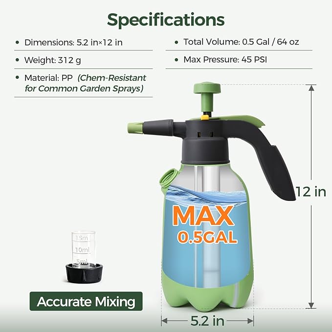 T4U Pump Sprayer 1/2 Gallon, PP Hand Pump Pressure Sprayer for Home Garden Plant Care and Household Cleaning, with Built-in Measuring Cup & Adjustable Nozzle, Suitable for Fertilizers & Common Garden
