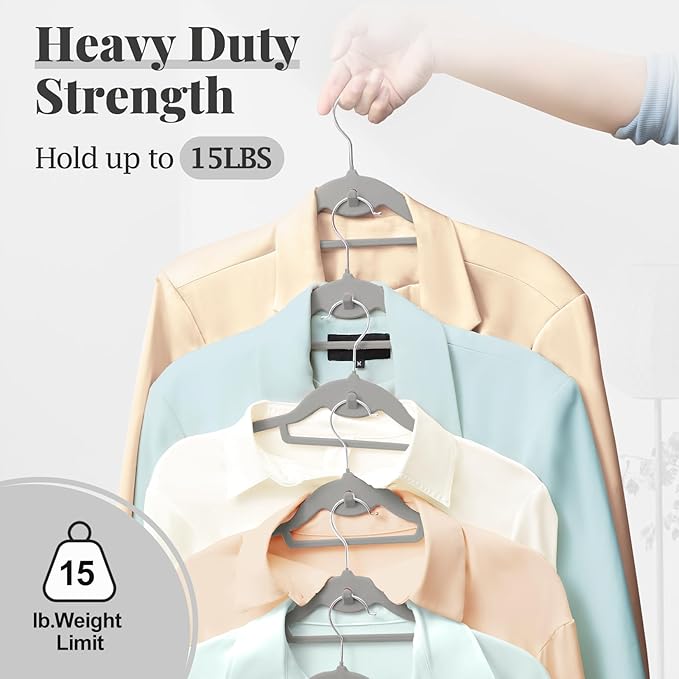 Velvet Hangers 50 Pack, S-Shaped and Stackable Non Slip with 360°Swivel Hook, Ultra Thin and Space Saving Flocked, for Suits, Shirts, Coats, 15Lbs Capacity Heavy Duty, Grey