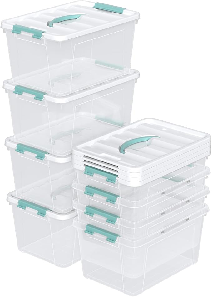 Parlynies 14 Qt Stackable Plastic Storage Bins with White Lids, Clear Latching Storage Organizer Box, 8 Packs