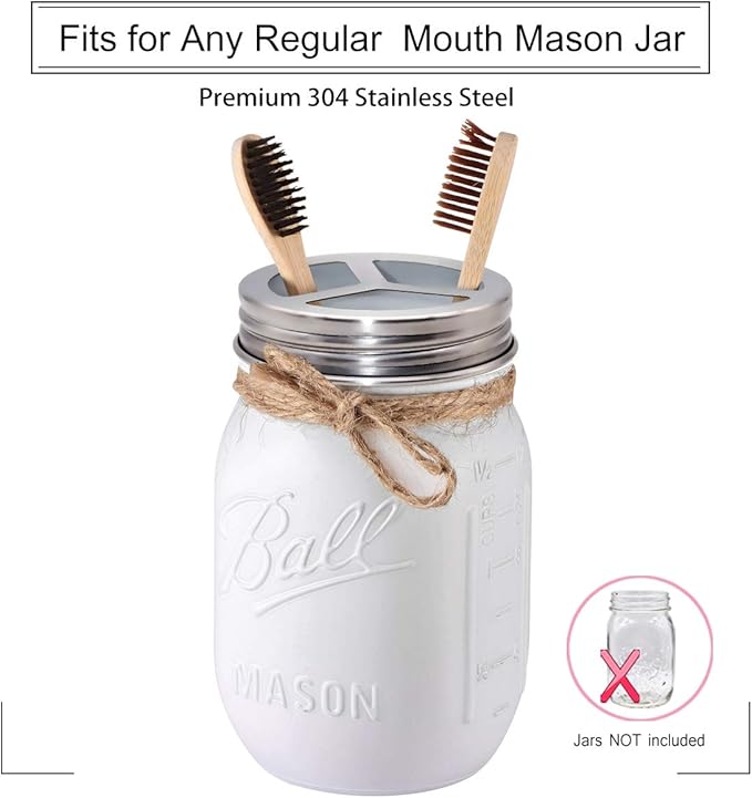 Mason Jar Bathroom Accessories Set(4pcs)- Jars Not Included - Foaming Soap Dispenser,Toothbrush Holder, and Apothecary Storage Jars Lids -Rustic Farmhouse Decor,Brushed Nickel