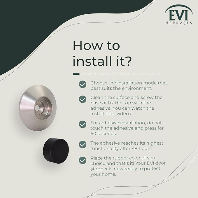 EVI Herrajes | Doorstop for Wall Mounting | 45 x 17 mm | Stainless Steel | Black and White Rubber Included | Adhesive Installation or with Screw