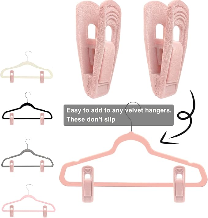 Light Pink Velvet Hanger Clips 60 PCS, Strong Finger Clips for Velvet Hangers, Skirt Hanger Clips Fit for Flocking Hangers