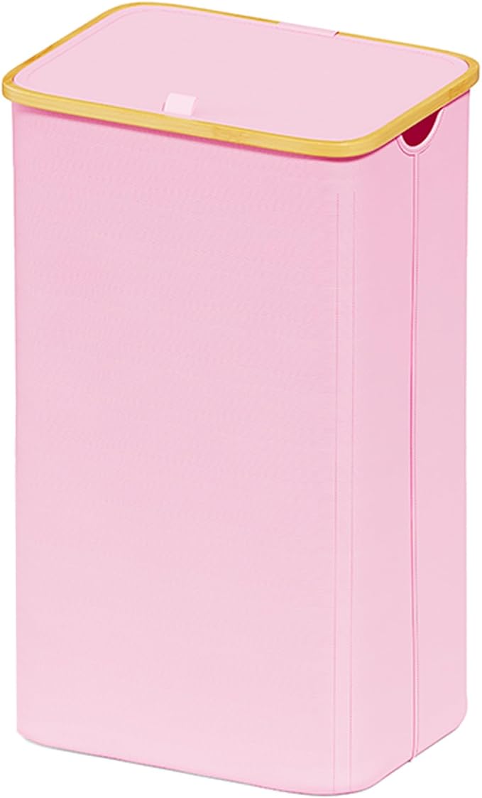 SUOCO Laundry Hamper with Lid, 29 Gal (110L) Clothes Basket with Bamboo Handles, Large Foldable Laundry Hamper for Bedroom, Bathroom, Dorm, Laundry Room - Pink