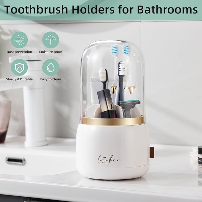 CLOKTA Toothbrush Holders for Bathrooms, Rotating 7 Slots Electric Toothbrush Holders with Cover, Countertop Toothpaste Organizers (White)