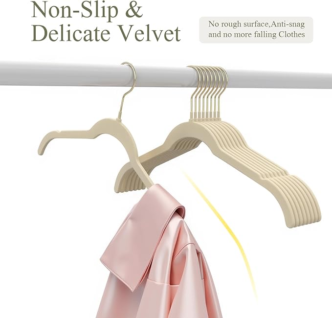 Korpai 50 Pack Beige Velvet Hangers, Non Slip,Durable,Slim Hangers Space Saving,Felt Hangers with Gold 360°Swivel Hook for Coats,Strappy Dresses,Shirts,Sweater ect