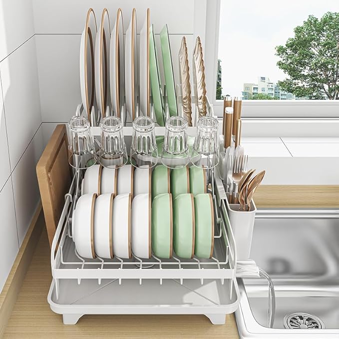 2 Tier Dish Drying Rack Automatic Drainage Board Space-Saving for Kitchen Counter with Cups Holder