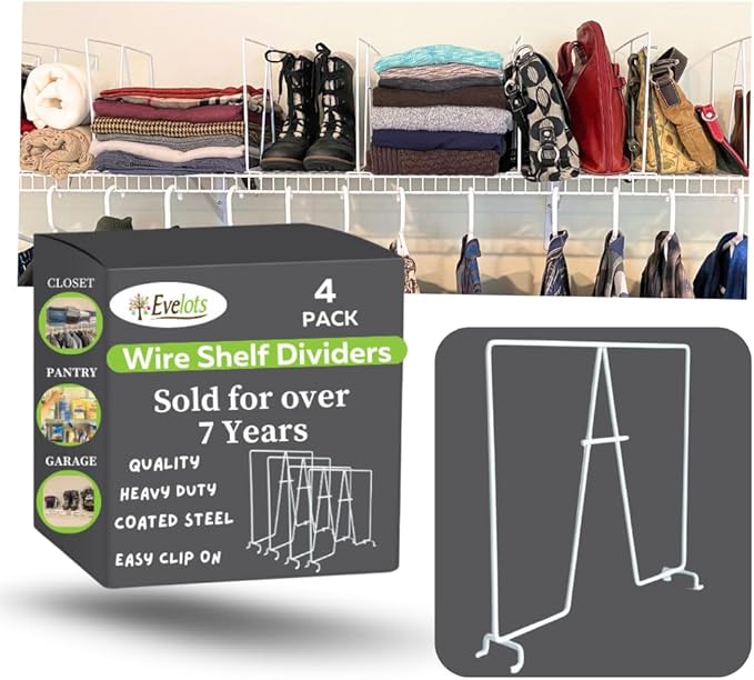 Evelots Wire Shelf Dividers -4 Pack- Closet Storage & Organization for Office/Pantry/Garage - Tall Shelf Separator - Easy Clip-No Tool - Solid Coated Steel