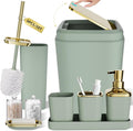 Bathroom Set, Sage Green Bathroom Accessories Set with Press-on Lid Bathroom Trash Can, Soap Dispenser, 10PC Bathroom Accessory Set for Home