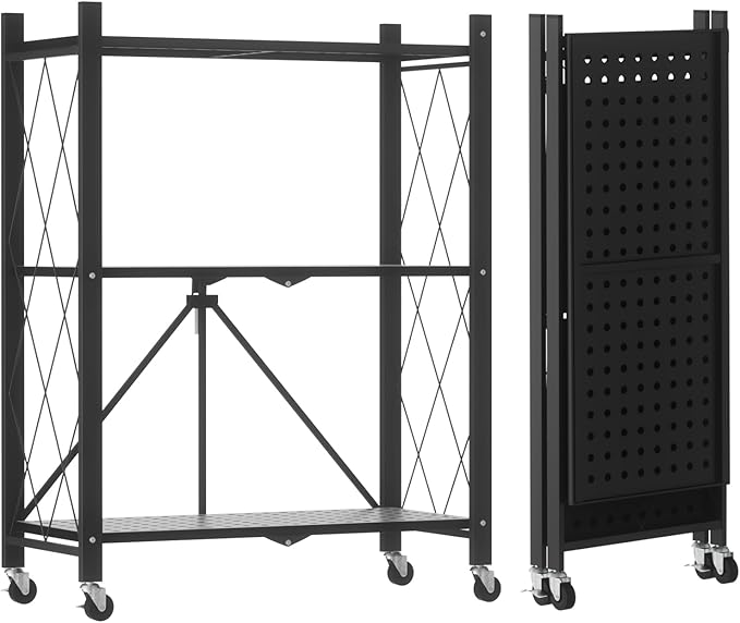 ALANNG 3 Tier Storage Shelves on Wheels, No Assembly Metal Folding Shelf Heavy Duty, Black | Colorful | Rolling | Collapsible | Rack Unit | for Living Room Office | 13.4" D x 28" W x 35.4" H