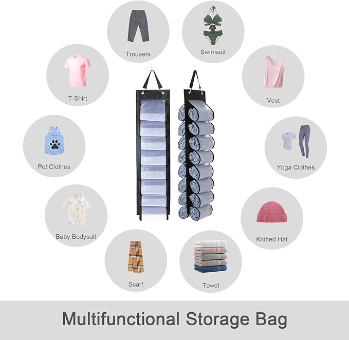 Legging Organizer Storage - 2PCS T Shirt Organizer, Hanging Closet Organizers and Storage with 16 Roll Independent Compartments for Yoga Pants, Towel, Bathing Suit (Black)