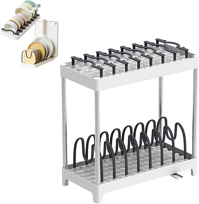 Double-Layer Pot and Pan Lid Organizer with Drainage, Adjustable 16 Compartments for Kitchen Cabinets - Bakeware, Cookware, Cutting Boards & Dishes (Dark Grey)