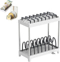 Double-Layer Pot and Pan Lid Organizer with Drainage, Adjustable 16 Compartments for Kitchen Cabinets - Bakeware, Cookware, Cutting Boards & Dishes (Dark Grey)