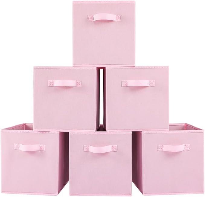 Stero Fabric Storage Bins 6 Pack Fun Colored Durable Storage Cubes with Fabric Handles Foldable Cube Baskets for Home, Kids Room, Closet and Toys Organization Pink
