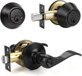Knobonly 1 Set Entry Door Lever and Deadbolt Lock Set, Deadbolts Keyed Both Sides, All Keyed Same, Wave Style Front and Exterior Door Handleset with Double Cylinder, Matte Black Finish