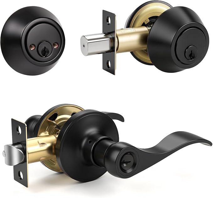Knobonly 1 Set Entry Door Lever and Deadbolt Lock Set, Deadbolts Keyed Both Sides, All Keyed Same, Wave Style Front and Exterior Door Handleset with Double Cylinder, Matte Black Finish