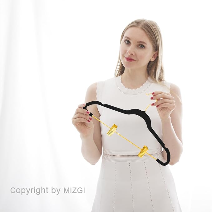 MIZGI Premium Velvet Pants Hangers with Adjustable Clips (Pack of 10) Slim Skirt Hangers- Non Slip Felt Outfit Dress Hangers Black - Gold Hooks,Space Saving Shirt Clothes Hangers