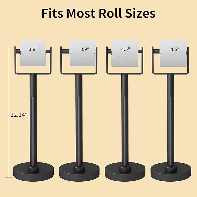 YUMORE Toilet Paper Holder Stand up with Storage, Bathroom Weighted Base Floor Toilet Paper Roll Holder Free Standing for 3 Rolls, Matte Black Bath Stainless Steel Extra Tissue Holder
