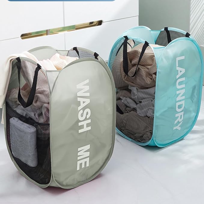 Larpur Pop Up Laundry Baskets, 2 Pack Mesh Laundry Hampers Collapsible Clothes Hampers for Home, Dorm, Travel (Gray + Blue)
