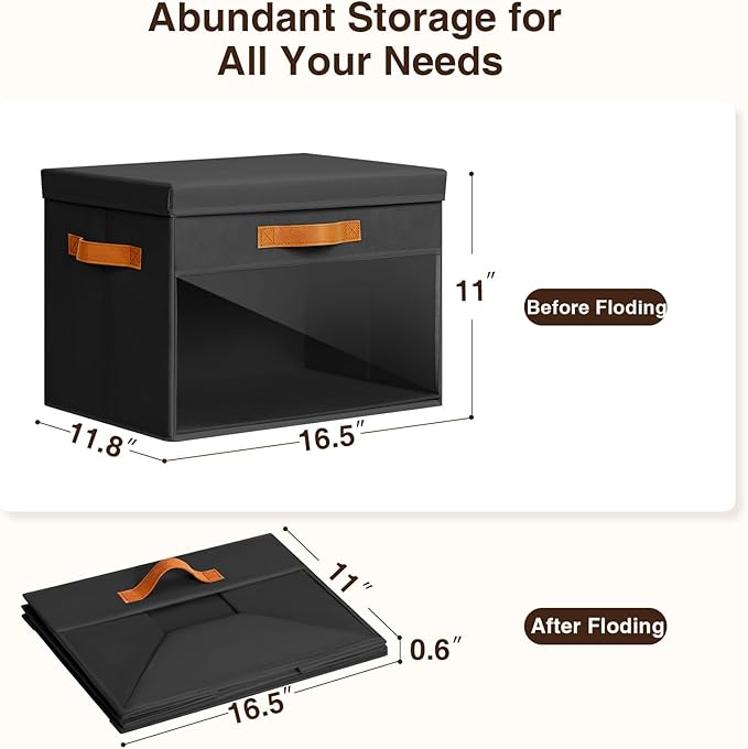 Large Storage Bins with Lids - 6 Pack Foldable Decorative Organizers with Clear Windows & Handles, Cube Storage Organizers for Clothes, Blankets, Sweaters, CD, Black