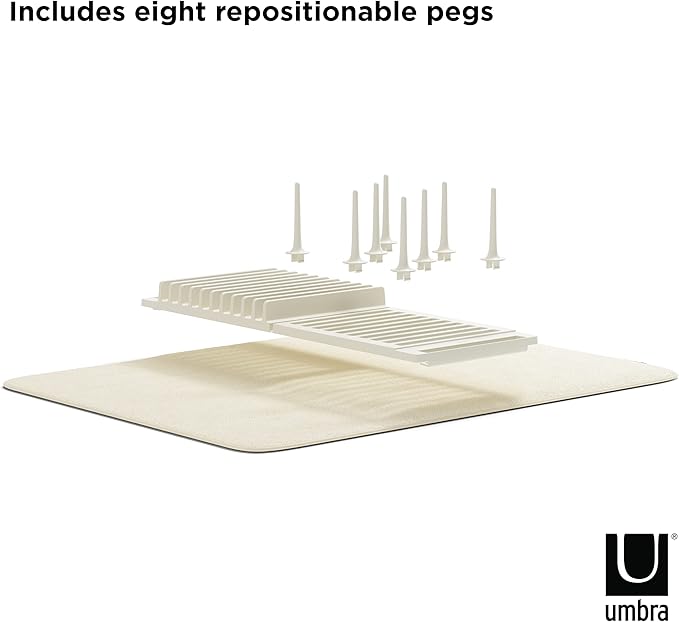 Umbra Udry Dish Rack with Movable Pegs and Microfiber Drying Mat – Space-Saving Design Folds Up for Easy Storage, Basic Rack, Linen