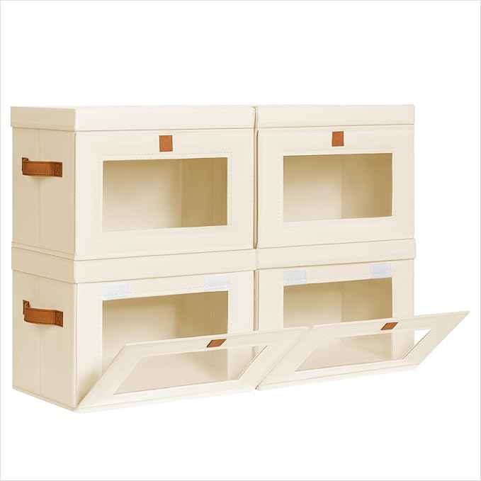 Small Fabric Storage bins - Collapsible Storage Bins with Open Window, 4 Pack Closet Baskets for Shelves, Stackable Decorative Boxes for Home, Dorm, Beige, 13.7"x 9.8" x 9.8"