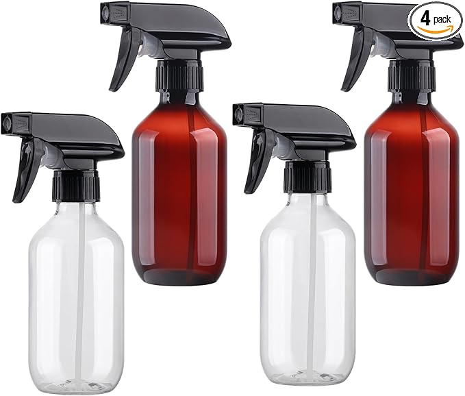 Plastic Spray Bottles Clear and Brown Refillable Container Empty Spray Bottle 10oz/300ml Adjustable Head Sprayer and Stream for Cleaning Products, Plants, Pet, Hair