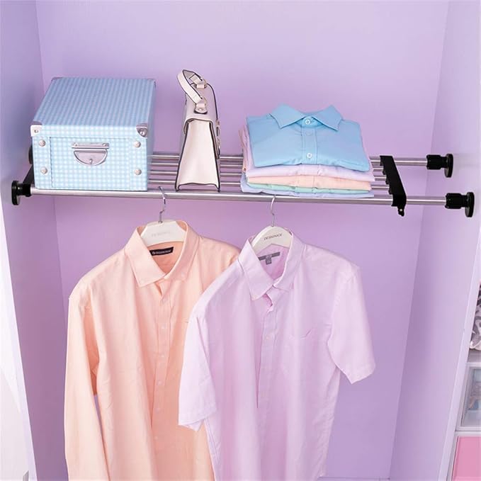 BAOYOUNI Adjustable Closet Shelf Expandable Shelves Tension Rod Hanger Space Saving Storage Rack Organizer Divider for Wardrobe, Cupboard, Kitchen, Bathroom Use, Black, 2 Pack